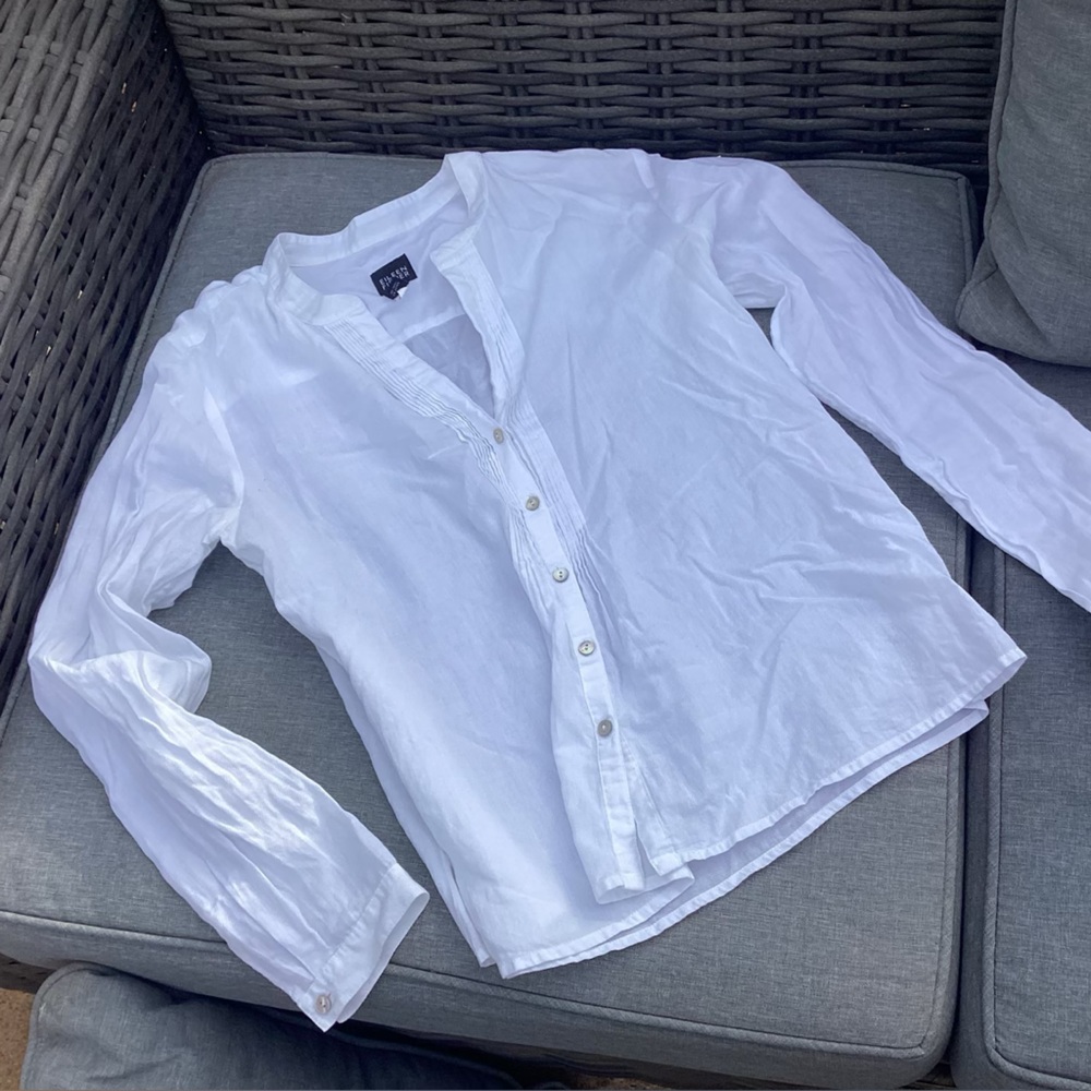 Eileen Fisher White Long-Sleeve Casual 100% Cotton Button-Down Small Shirt